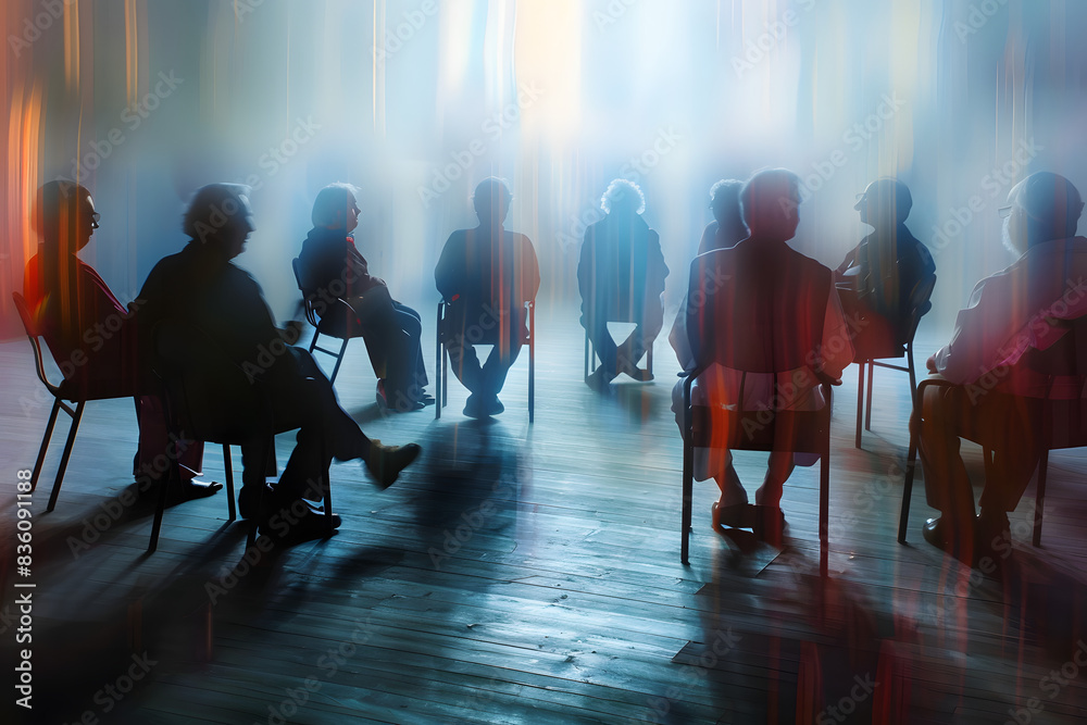 Wall mural a long exposure photograph of elderly people sit on chairs in a circle and talk. alcoholics anonymou - Wall murals