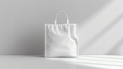 Blank white tote bag mockup with sunlight on a white background.