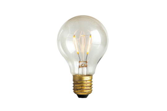 Light bulb isolated on white background showing a bright glass bulb representing electricity, energy, and innovation
