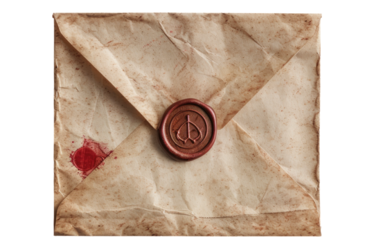 Vintage envelop with wax seal isolated on transparent background