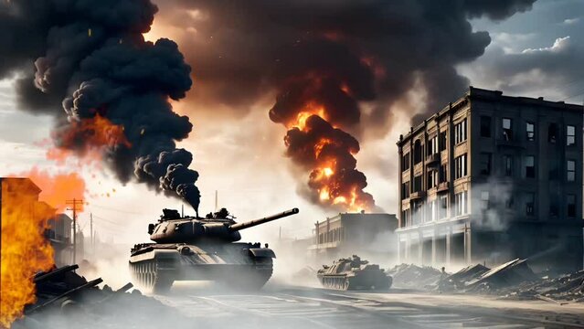 Tank on battlefield in the destroyed city. Seamless looping time-lapse 4k video animation background