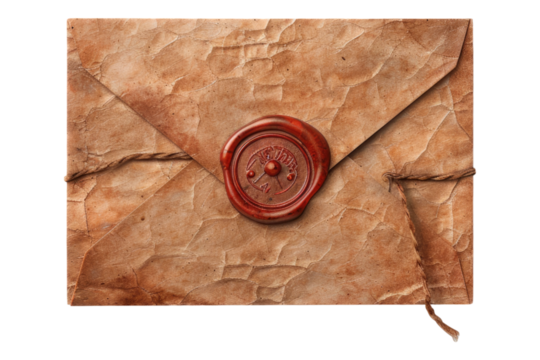 Vintage envelop with wax seal isolated on transparent background