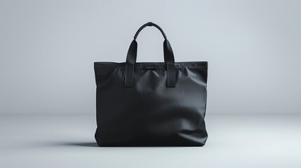 Black tote bag with leather handles on white background.
