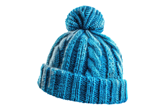 Warm blue bobble hat isolated transparent on background