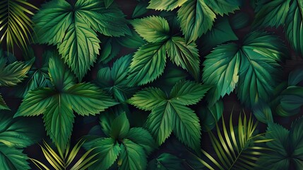 Vibrant green tropical leaves creating a lush and dense foliage background, perfect for natural and botanical themes.