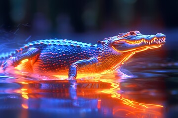 illustration of a running crocodile with neon effects