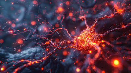 Detailed 3D model of brain neurons with glowing synaptic connections