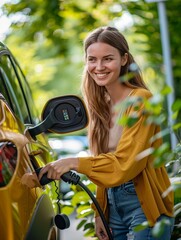 Naklejka premium a woman is charging her electric car at a charging station 