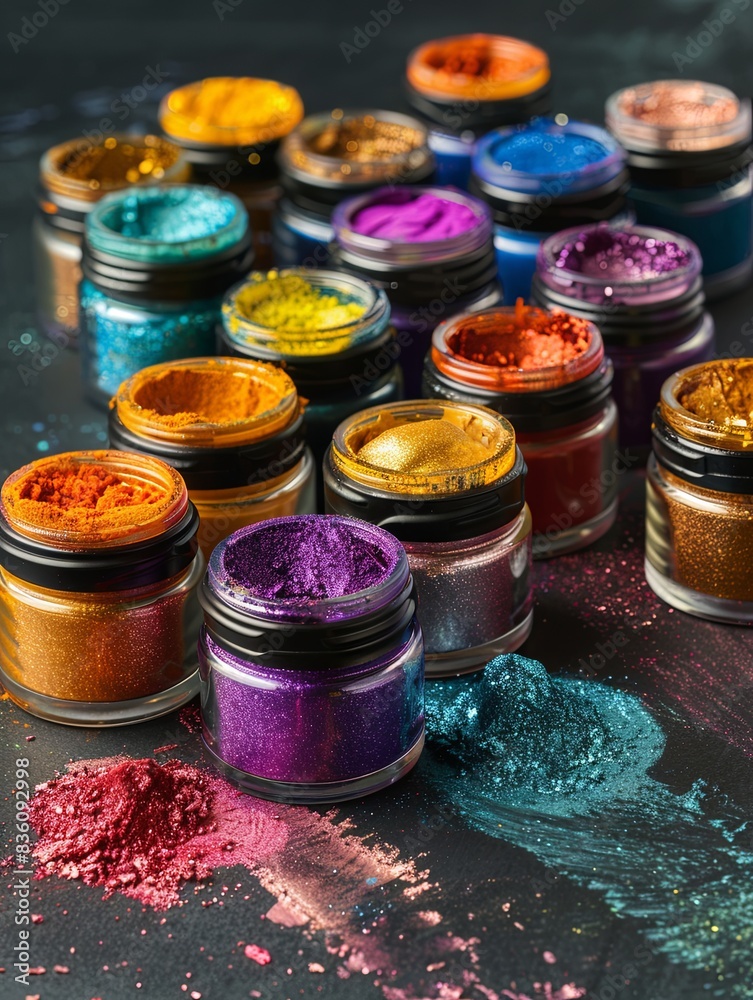 Poster An assortment of colorful makeup pigments and powders in small jars, arranged in a creative pattern on a dark background. Generative AI