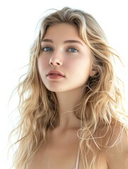 Fototapeta premium A beautiful blonde model with long hair and blue eyes standing in a swimsuit on a white background.