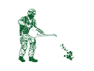 Fototapeta premium じょうろを構えて水遣りをする兵士_イラスト
