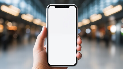 Hand holding mobile phone with empty screen for mockup