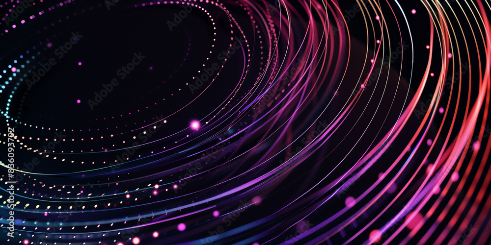 Poster a black background with glowing, moving circular line patterns.