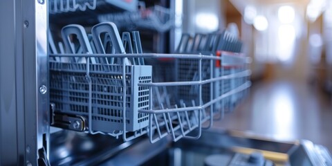 Modern Convenience: A Close-Up View of a Partially Open Dishwasher Door - 4K Wallpaper. This image showcases the sleek design and functionality of a modern dishwasher, highlighting its convenience in 