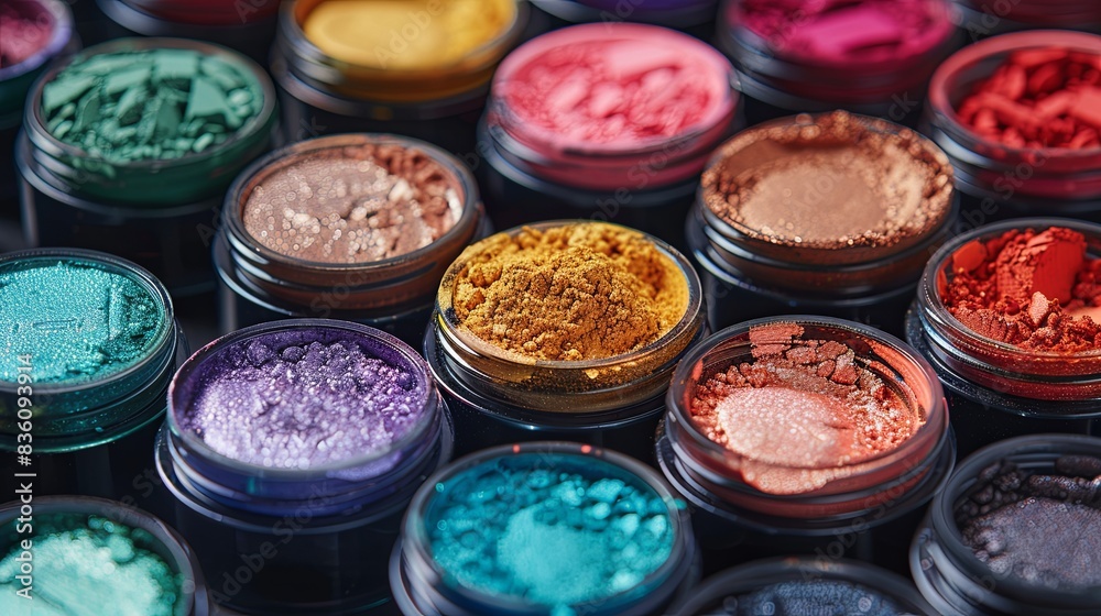 Poster A close-up shot of a variety of colorful makeup pigments and powders in small jars, arranged in a visually appealing pattern. Generative AI