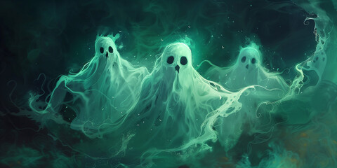 Ghosts and spirits floating in the air, creating a spooky feeling.
