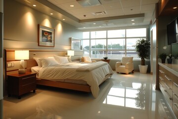 Obraz premium A modern hotel bedroom featuring a large comfortable bed, sleek furnishings, and a glossy floor