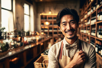 smiling man seller in his wine shop like photorealistic illustration of wine business concept 