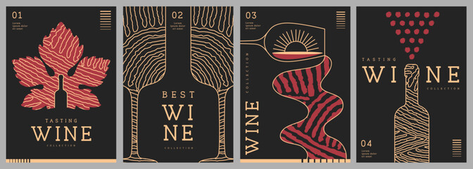 Set of modern line art magazine covers or posters with wine bottles, glasses and abstract texture. Restaurant menu design. Vector illustration © annbozhko