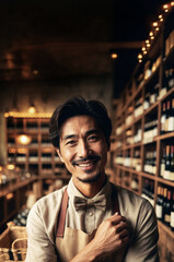 smiling seller of wine in his wine shop, photorealistic illustration of wine concept,