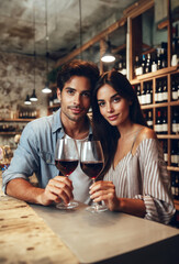 beautiful young couple with glasses with red wine in a wine shop, photorealistic illustration of wine concept