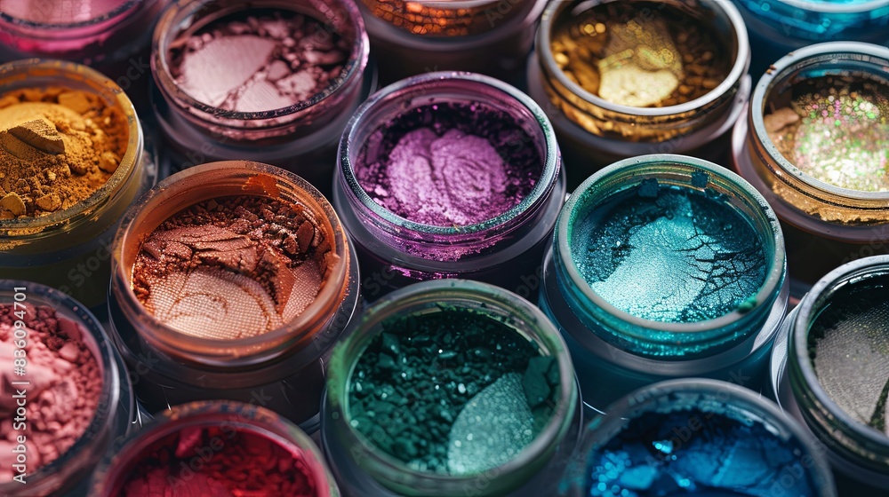 Poster a close-up view of colorful makeup pigments and powders in small jars, arranged artistically. genera