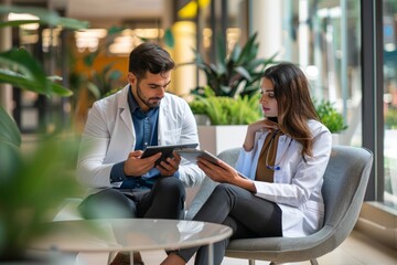 The picture shows a medical team discussing a patient's treatment plan on a digital tablet in a hospital.