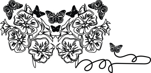 background line art illustration, a set of silhouettes of flowers and butterflies