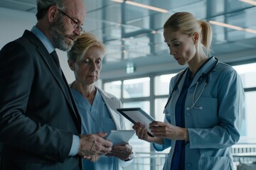 Fototapeta premium Pharmaceutical sales representative talking with doctor in medical building. Ambitious male sales representative presenting new medication on tablet.
