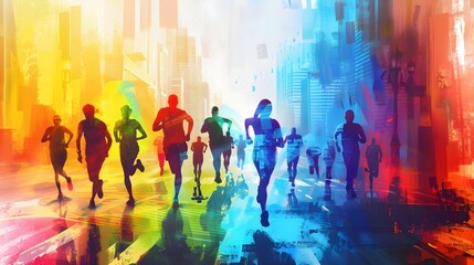 colorful silhouettes of people running in the city marathon