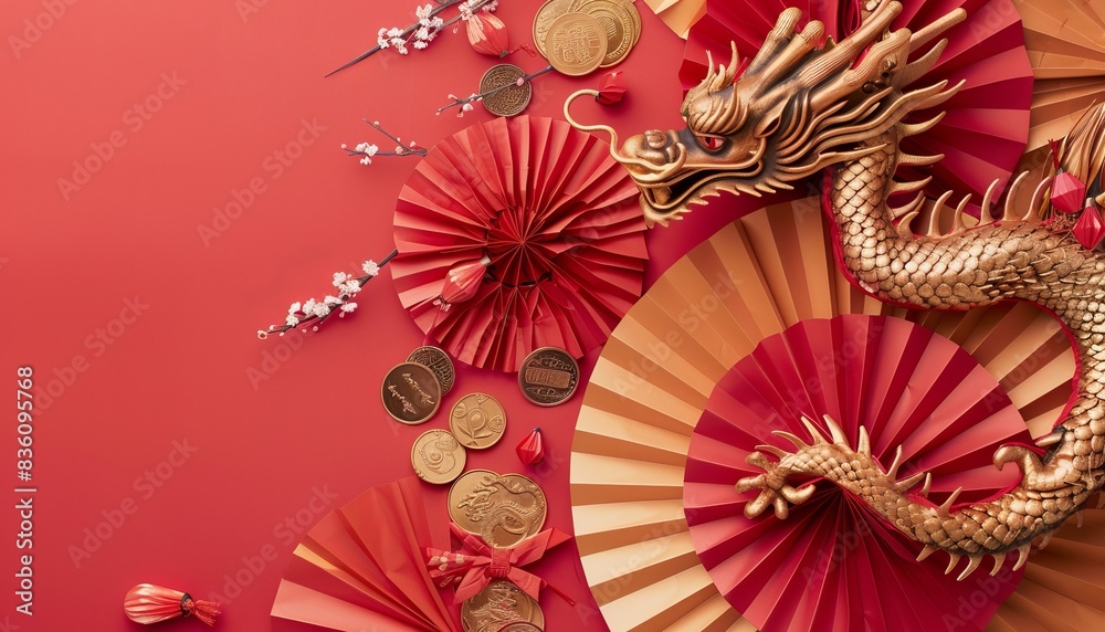 Wall mural Ring in Chinese New Year 2024 with an Exquisite Display of Gold Dragons, Red Paper Fans and Sakura B