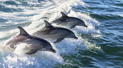Dolphins riding the bow wave of a boat, frolicking in the ocean currents and delighting passengers with their playful antics.