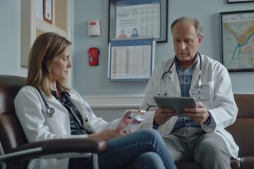 The picture shows a medical team discussing a patient's treatment plan on a digital tablet in a hospital.