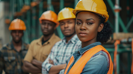 Diverse Team Of Civil Engineers And Construction Workers Collaborating On An Outdoor Site, Showcasing Gender Equality And Leadership With A Black Woman Manager Overseeing A Building Project.