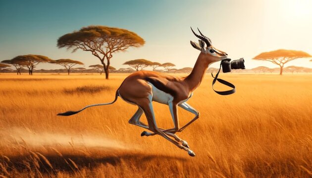 A gazelle is running through a field with a camera strap around its neck