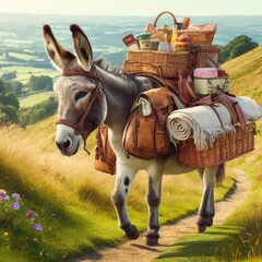 A donkey is carrying a basket of food and a blanket