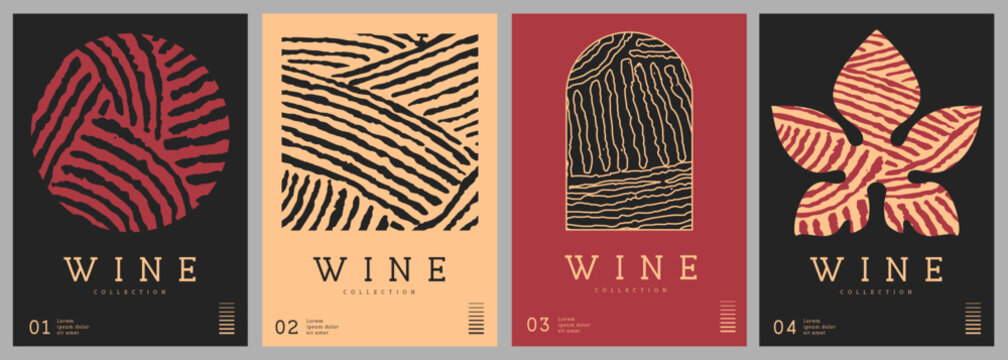 Set of modern line art magazine covers or posters with abstract wine textures. Restaurant menu design. Vector illustration