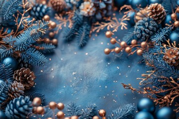 Blue and gold Christmas decorations including pine cones, baubles, and festive foliage create a cozy holiday theme