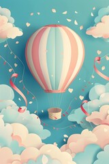 Obraz premium Enchanting Hot Air Balloon Ride Through a Whimsical Pastel Sky with Flowing Ribbons and Festive Streamers