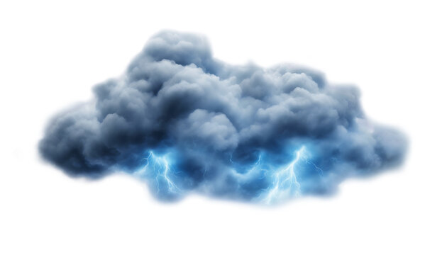 Dramatic thunderstorm cloud with vivid lightning isolate on transparent background, cutout, png