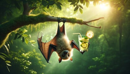 A bat is hanging from a tree branch with a drink in its mouth