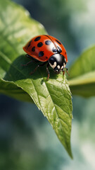 Watercolor painting: A ladybug resting on a leaf, its bright colors and friendly appearance a symbol of good fortune,