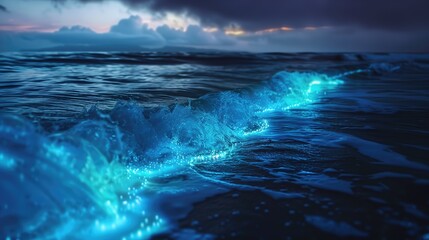 Fototapeta premium Image of bioluminescence in night sea tide wave blue light flashes and sparkling particles effect background