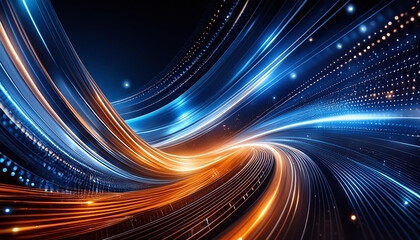 Fototapeta premium Swirling streaks of blue and orange light form a dynamic vortex in the dark