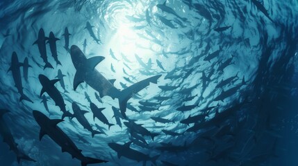 Naklejka premium Sharks circling a bait ball in open ocean waters, illustrating their role as apex predators in the marine food chain.
