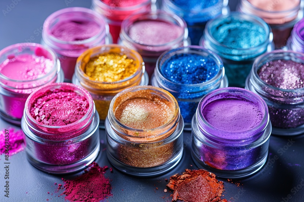 Poster Assorted colorful makeup pigments and powders in small jars arranged on a black surface. Generative AI