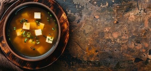 Closeup of a bowl of miso soup with tofu on a wooden table.