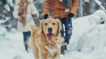 Happy family walking their pet golden retriever in the winter forest outdoors. Active Christmas holidays