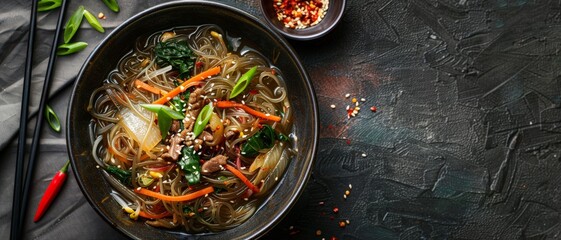 Closeup of a bowl of noodles with vegetables and meat.