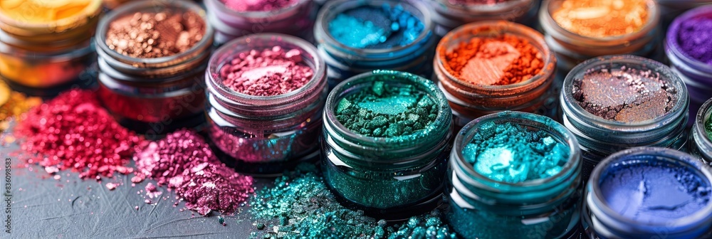 Poster assorted colorful makeup pigments and powders in small jars, showcasing a variety of textures and sh